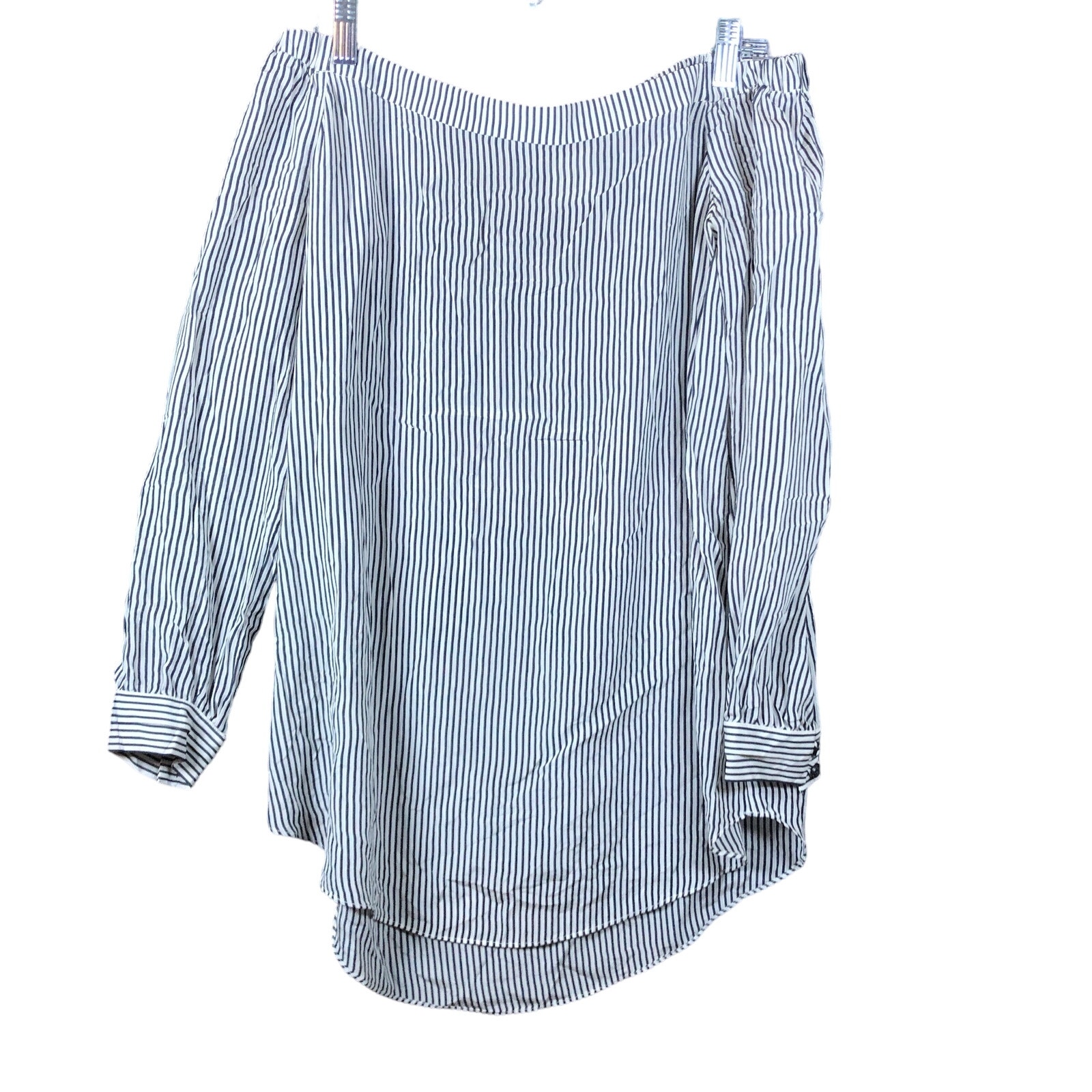 Cabi Womens Blouse Navy Blue White Stripe Off Shoulder 100% Silk Long Sleeve S